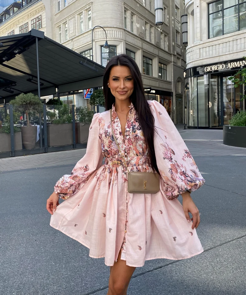 Leinen Baumwoll Kleid Nekia Blume Rosa