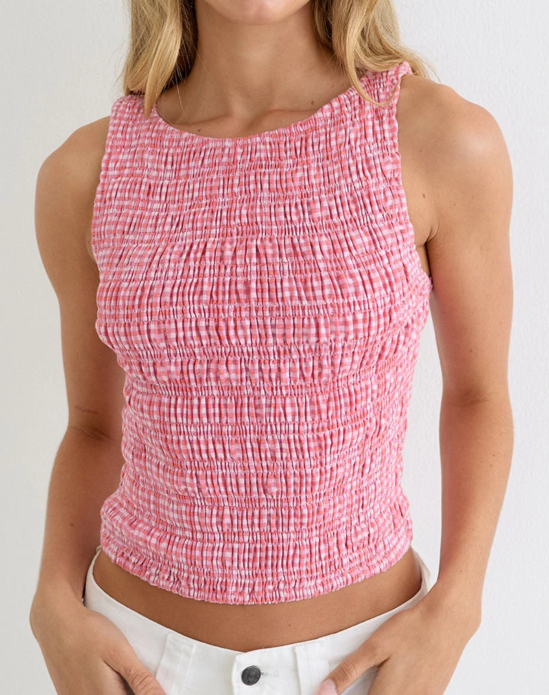 Deacon-Top mit Raffungen in Mini-Gingham, Pfirsichfarben