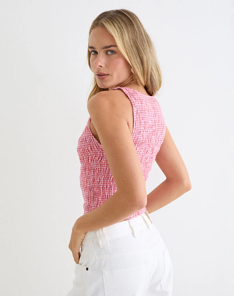 Deacon-Top mit Raffungen in Mini-Gingham, Pfirsichfarben