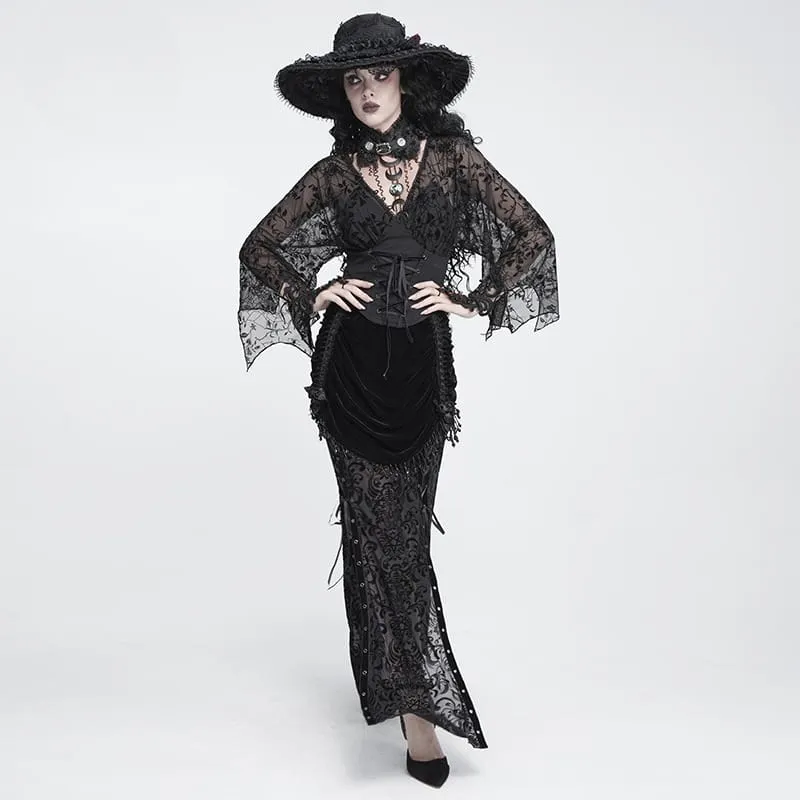 Gothic-Rock für Damen mit Blumenmuster, Perlen- und Quastenbesatz, gerafft und lang
