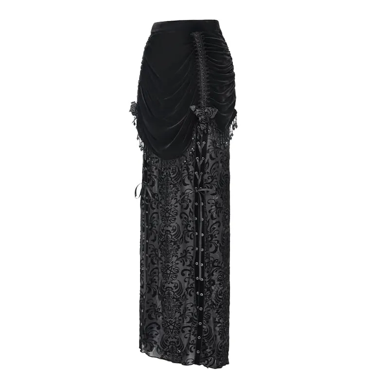 Gothic-Rock für Damen mit Blumenmuster, Perlen- und Quastenbesatz, gerafft und lang