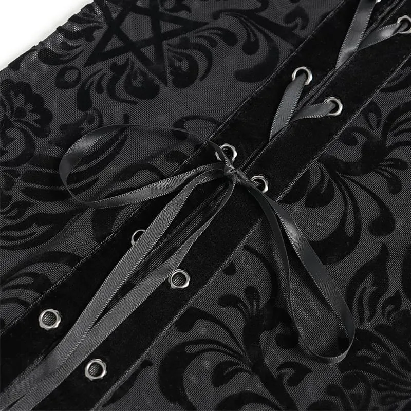 Gothic-Rock für Damen mit Blumenmuster, Perlen- und Quastenbesatz, gerafft und lang