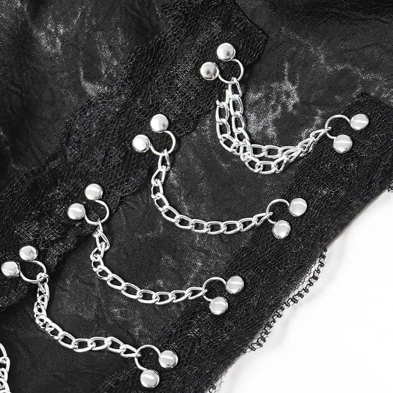 Gothic-Damenbluse mit Schnürung, Ketten, Cut-outs und ausgestellten Ärmeln