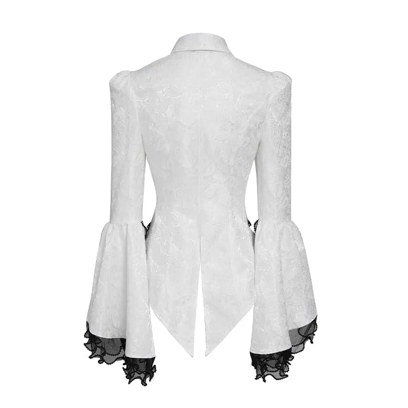 Weiße Gothic-Jacquard-Bluse mit Schwalbenschwanzärmeln und Kragen sowie Schleife für Damen