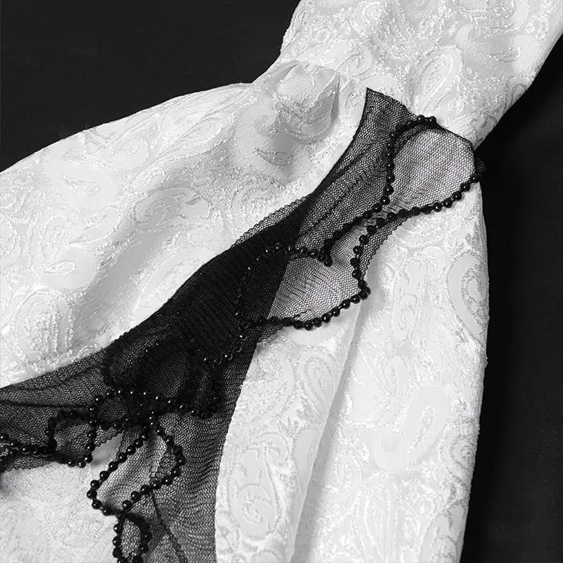 Weiße Gothic-Jacquard-Bluse mit Schwalbenschwanzärmeln und Kragen sowie Schleife für Damen