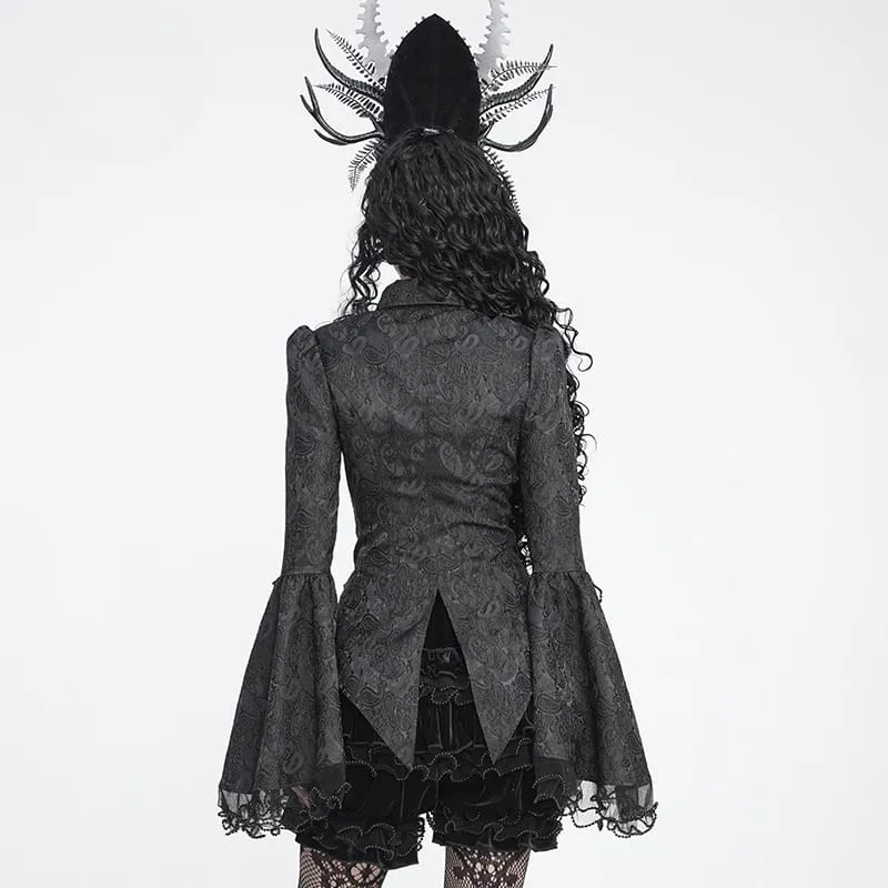 Schwarze Gothic-Jacquard-Bluse mit Schwalbenschwanzärmeln und Kragen mit Schleife für Damen