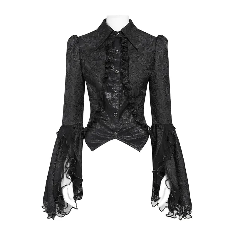 Schwarze Gothic-Jacquard-Bluse mit Schwalbenschwanzärmeln und Kragen mit Schleife für Damen