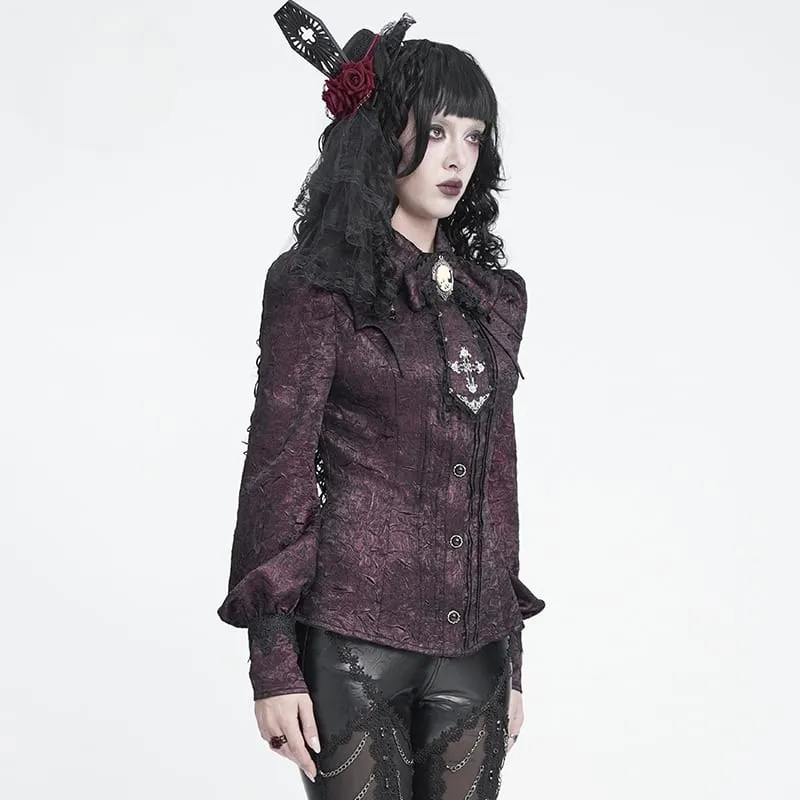 Gothic-Jacquard-Hemd für Damen mit Fledermausärmeln und Krawatte, rot