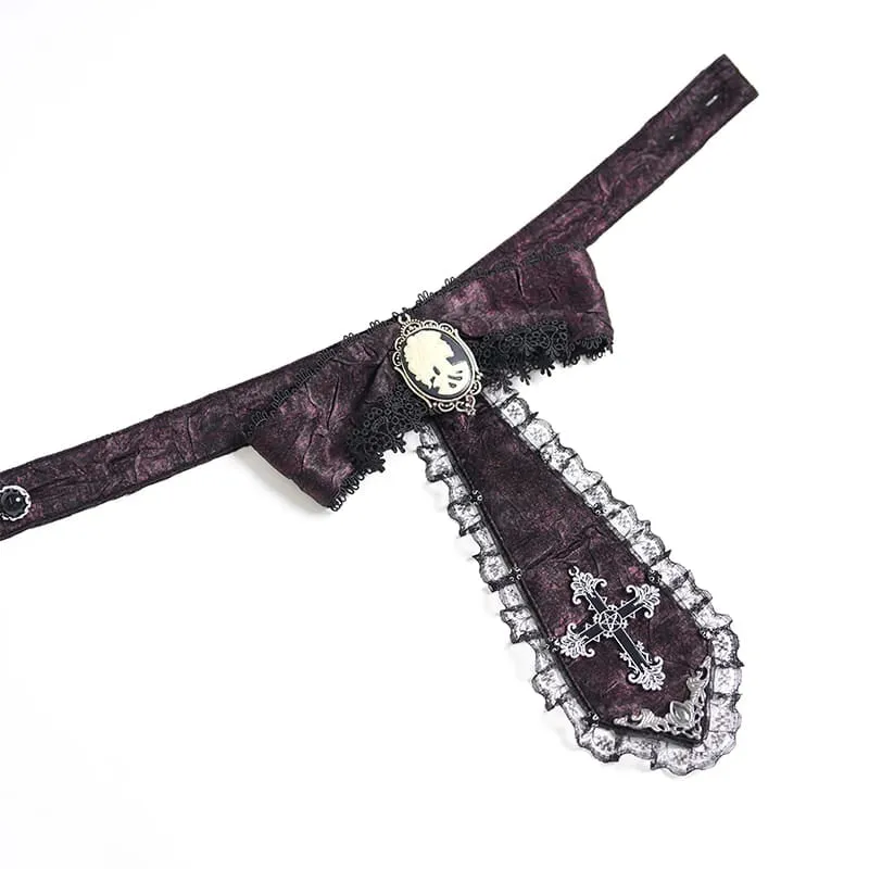Gothic-Jacquard-Hemd für Damen mit Fledermausärmeln und Krawatte, rot