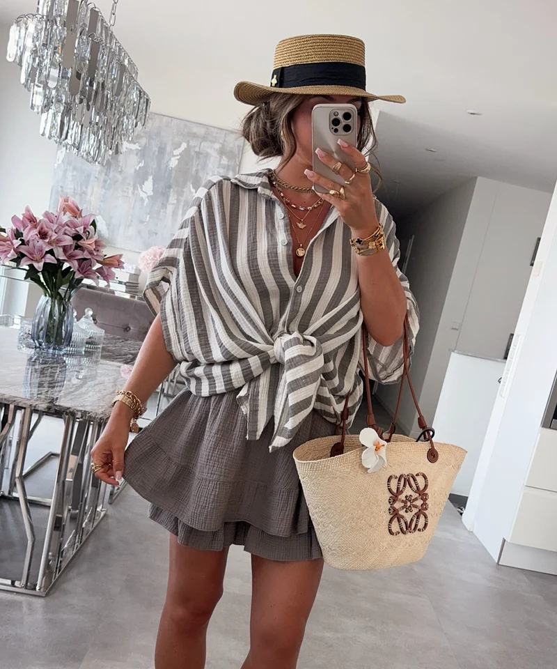 Oversize Musselin Kurzarmhemd Mala Streifen Taupe