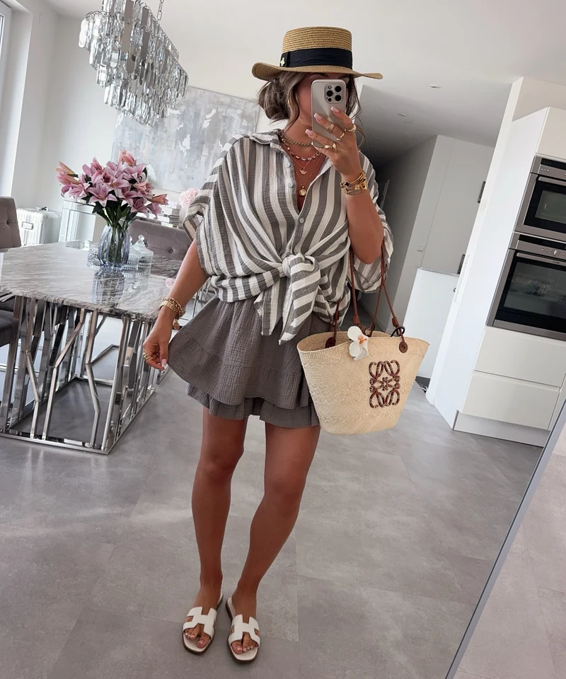 Oversize Musselin Kurzarmhemd Mala Streifen Taupe
