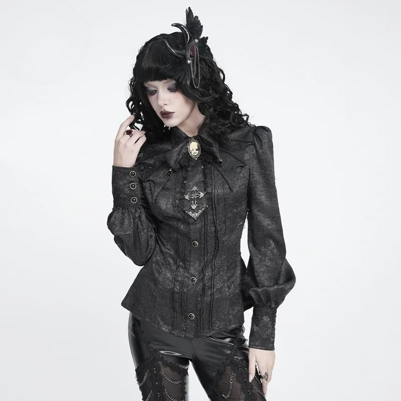 Schwarzes Gothic-Jacquard-Hemd für Damen mit Fledermausärmeln und Krawattenkragen