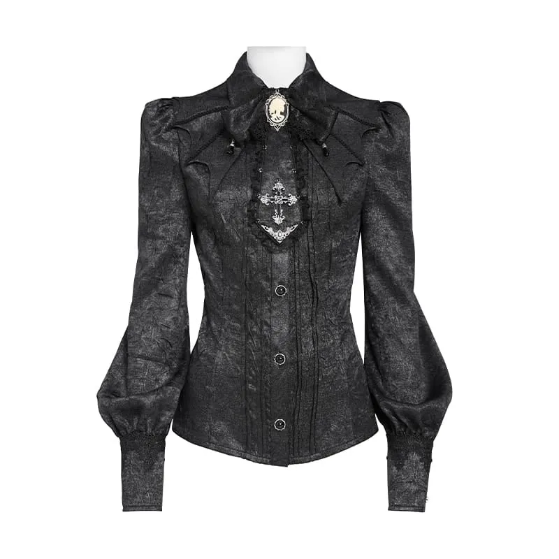 Schwarzes Gothic-Jacquard-Hemd für Damen mit Fledermausärmeln und Krawattenkragen