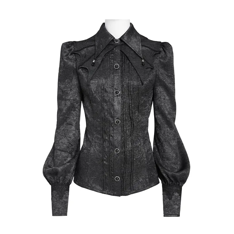 Schwarzes Gothic-Jacquard-Hemd für Damen mit Fledermausärmeln und Krawattenkragen