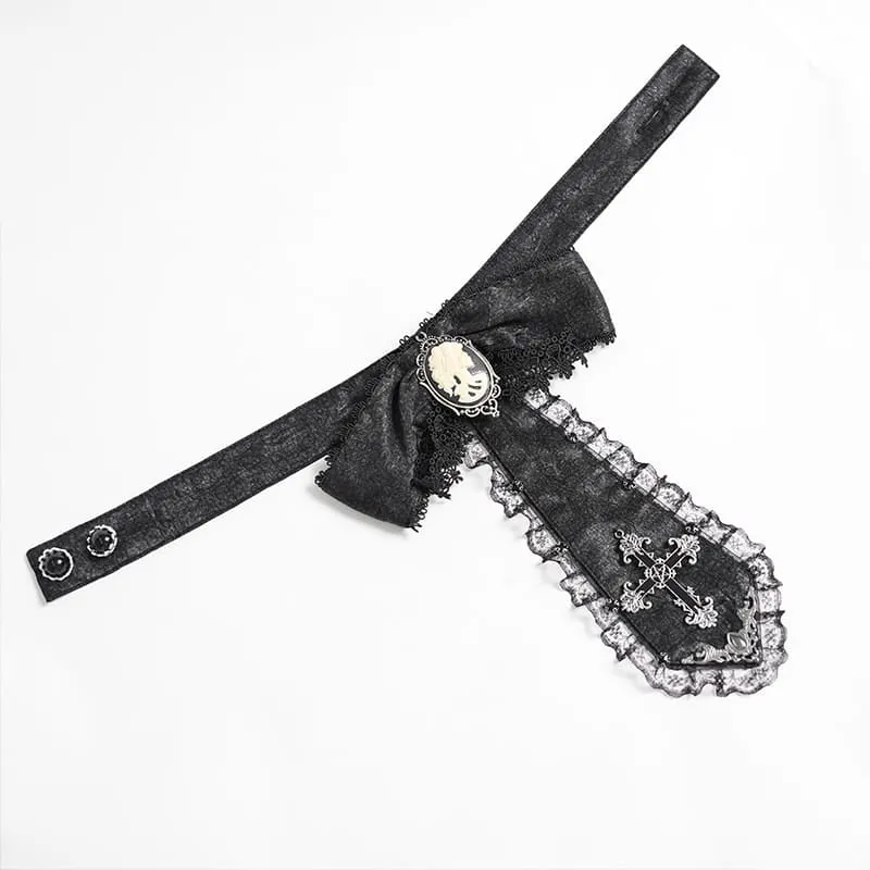 Schwarzes Gothic-Jacquard-Hemd für Damen mit Fledermausärmeln und Krawattenkragen
