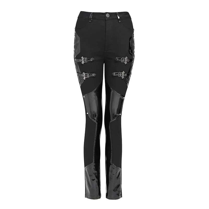 Punk-Skinny-Hose für Damen mit Schnallenriemen aus Lacklederimitat
