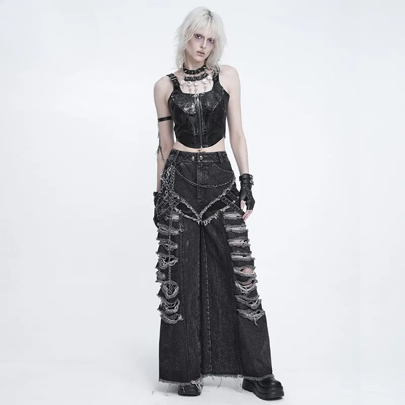 Punk-Jeans für Damen mit Kettenmuster, Rissen und weitem Bein