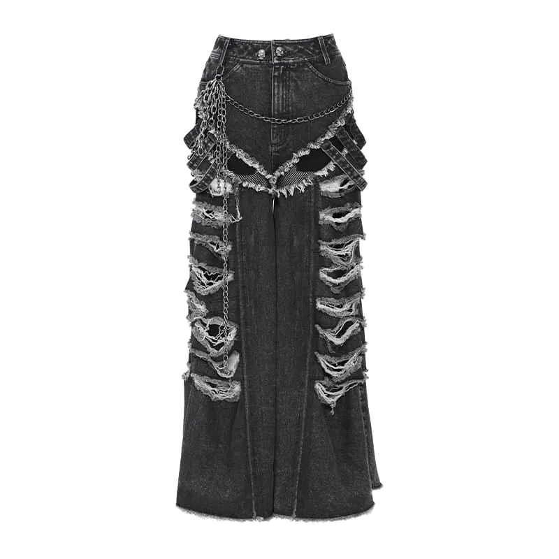 Punk-Jeans für Damen mit Kettenmuster, Rissen und weitem Bein