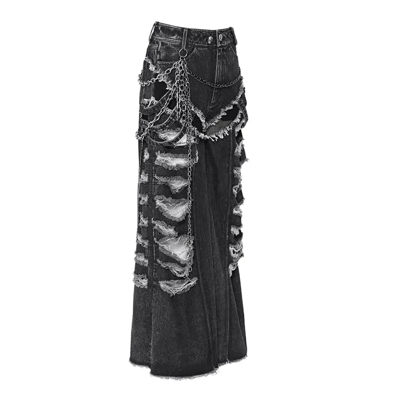 Punk-Jeans für Damen mit Kettenmuster, Rissen und weitem Bein