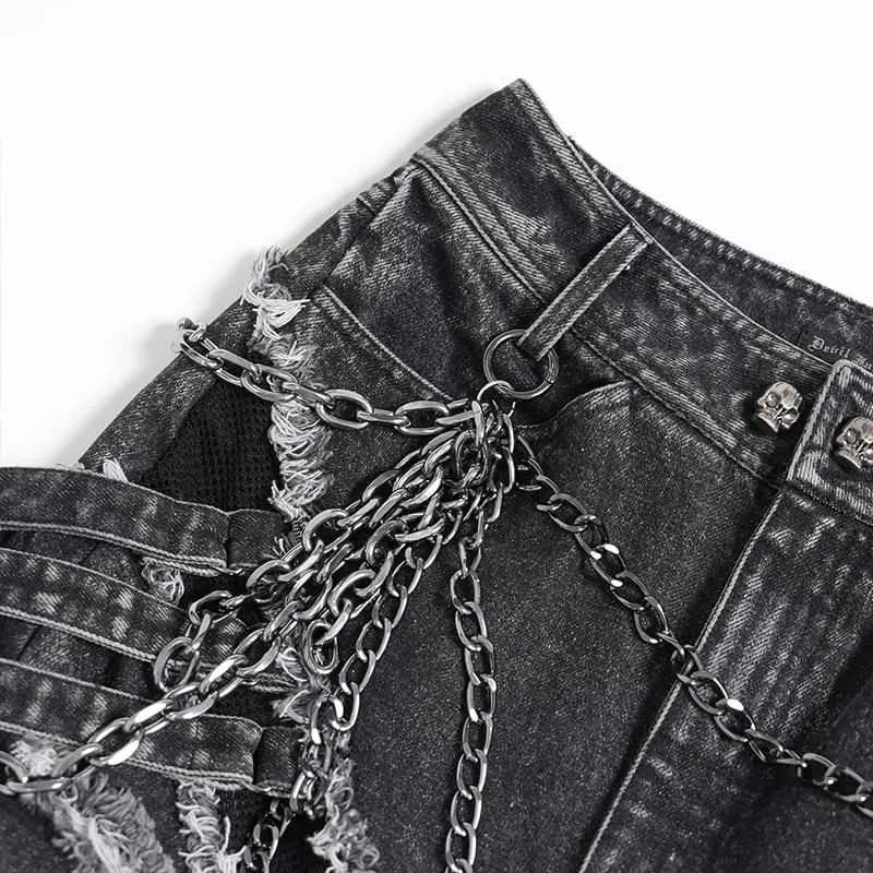 Punk-Jeans für Damen mit Kettenmuster, Rissen und weitem Bein