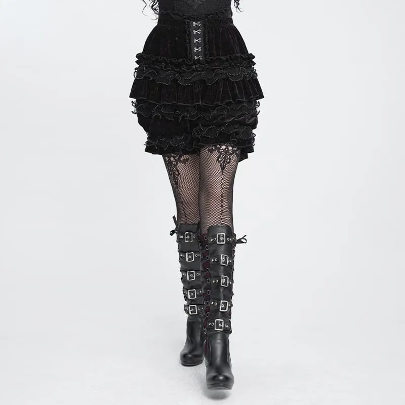 Gothic-Shorts für Damen, mehrlagig, mit Perlen und Rüschen, Samt, Schwarz-Rot