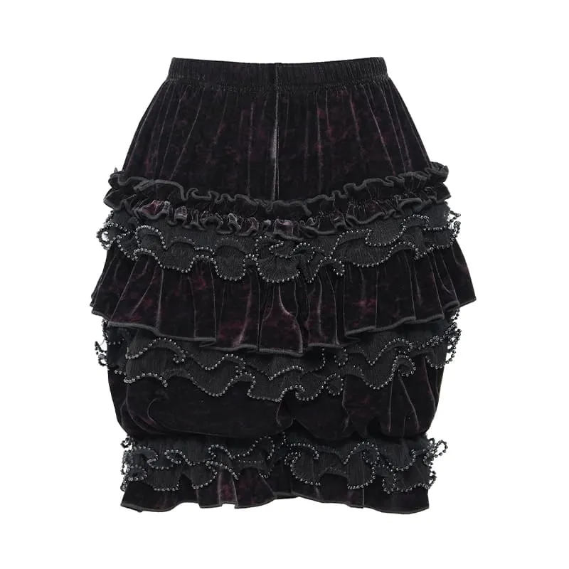 Gothic-Shorts für Damen, mehrlagig, mit Perlen und Rüschen, Samt, Schwarz-Rot