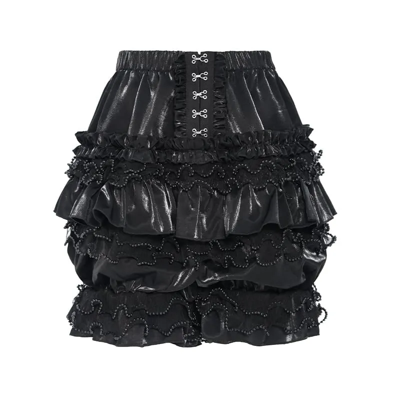 Gothic-Shorts für Damen, mehrlagig, mit Perlen und Rüschen, elastischem Bund