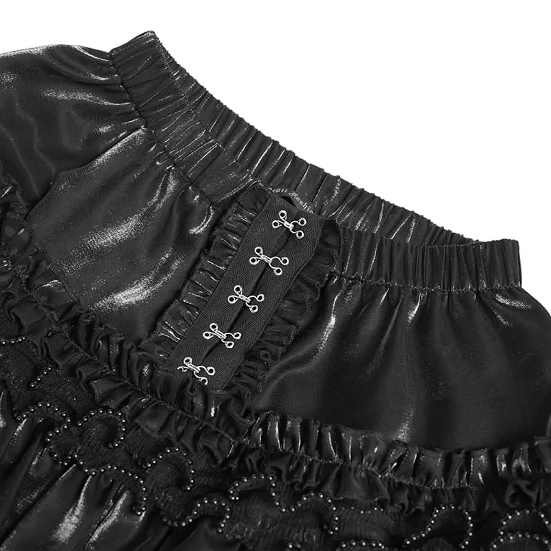 Gothic-Shorts für Damen, mehrlagig, mit Perlen und Rüschen, elastischem Bund
