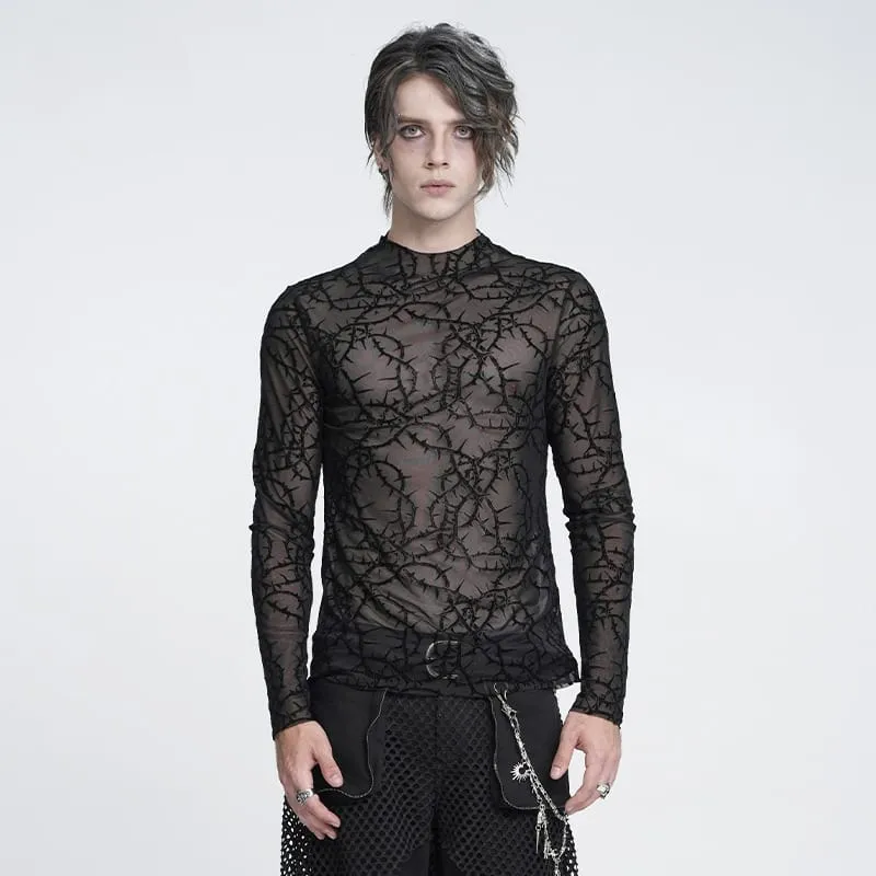 Gothic Herren-Langarmshirt mit Dornenrankenmuster, beflockt und aus transparentem Netzstoff