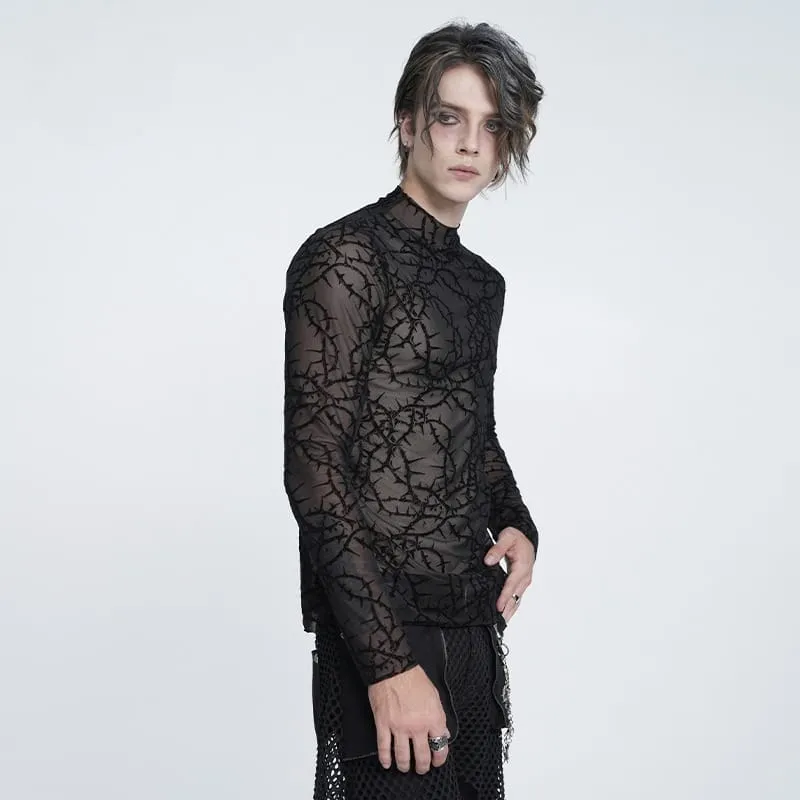 Gothic Herren-Langarmshirt mit Dornenrankenmuster, beflockt und aus transparentem Netzstoff