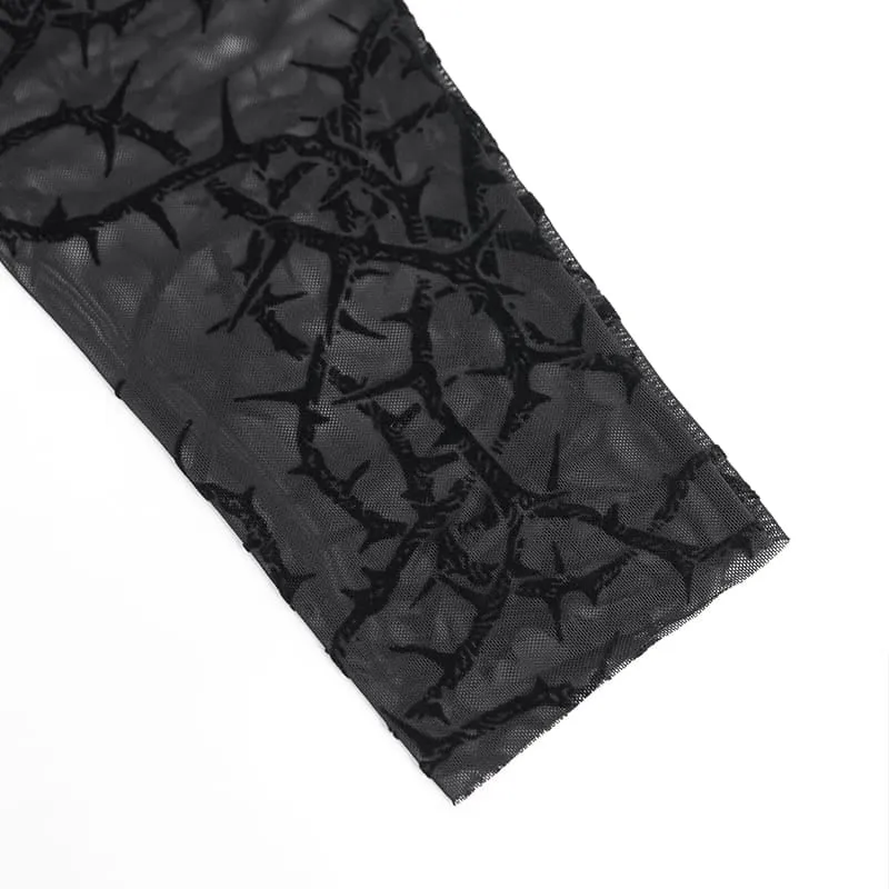 Gothic Herren-Langarmshirt mit Dornenrankenmuster, beflockt und aus transparentem Netzstoff