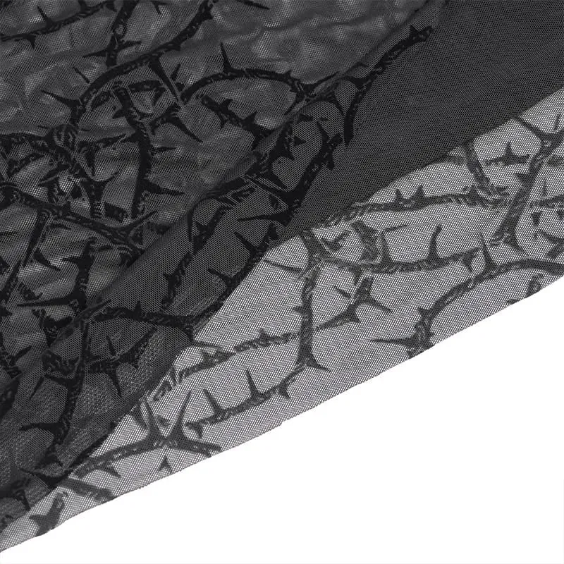 Gothic Herren-Langarmshirt mit Dornenrankenmuster, beflockt und aus transparentem Netzstoff