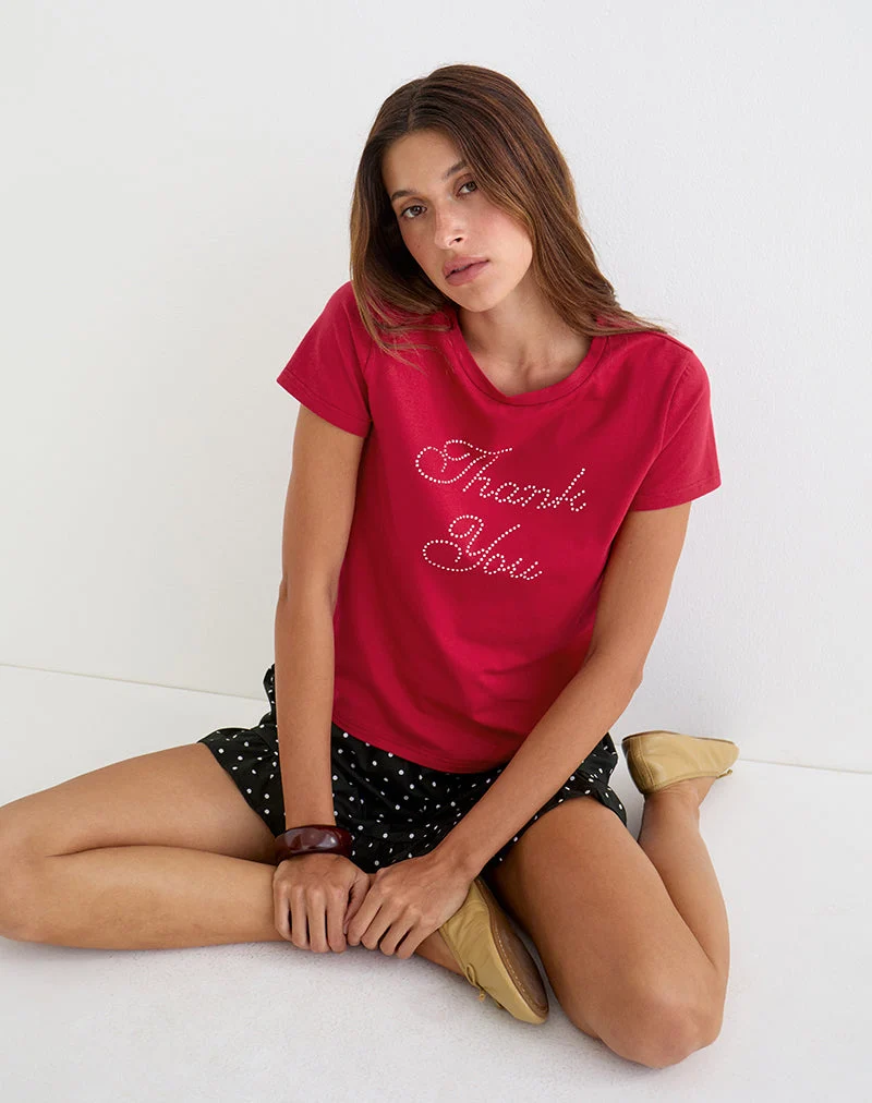 Alio-T-Shirt in Scharlachrot mit „Thank You“-Motiv aus Strasssteinen