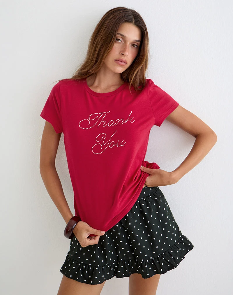 Alio-T-Shirt in Scharlachrot mit „Thank You“-Motiv aus Strasssteinen