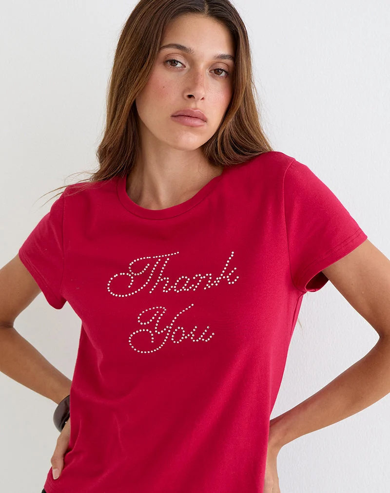 Alio-T-Shirt in Scharlachrot mit „Thank You“-Motiv aus Strasssteinen