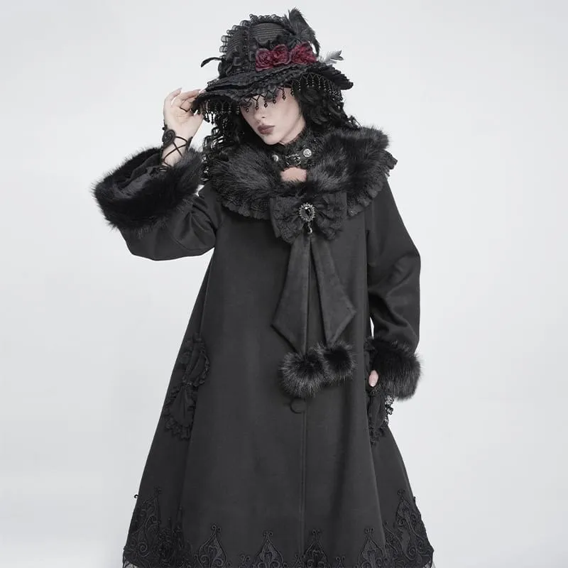 Langer Damenmantel im Gothic-Stil mit Kunstpelzkragen, Spitzenstickerei und abnehmbarer Schleife