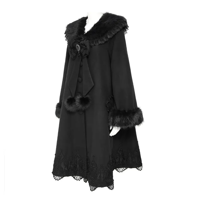 Langer Damenmantel im Gothic-Stil mit Kunstpelzkragen, Spitzenstickerei und abnehmbarer Schleife