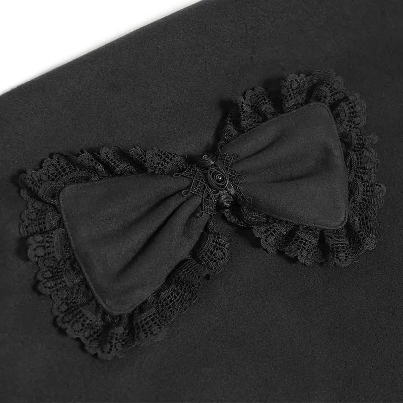 Langer Damenmantel im Gothic-Stil mit Kunstpelzkragen, Spitzenstickerei und abnehmbarer Schleife