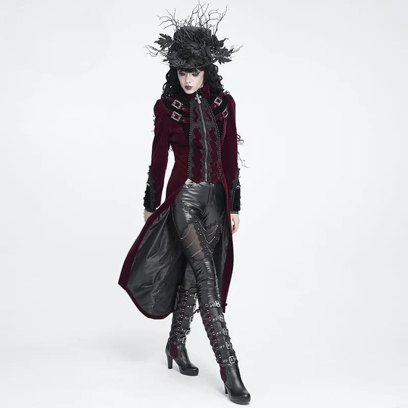 Rote Gothic-Jacke für Damen mit Perlenbesatz, Schnallenriemen und Reißverschluss