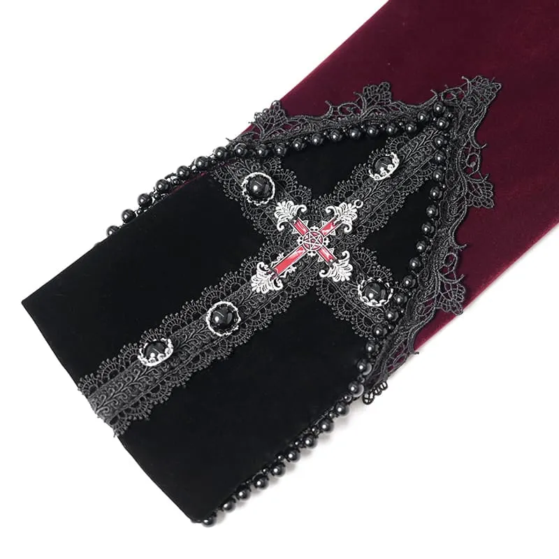 Rote Gothic-Jacke für Damen mit Perlenbesatz, Schnallenriemen und Reißverschluss