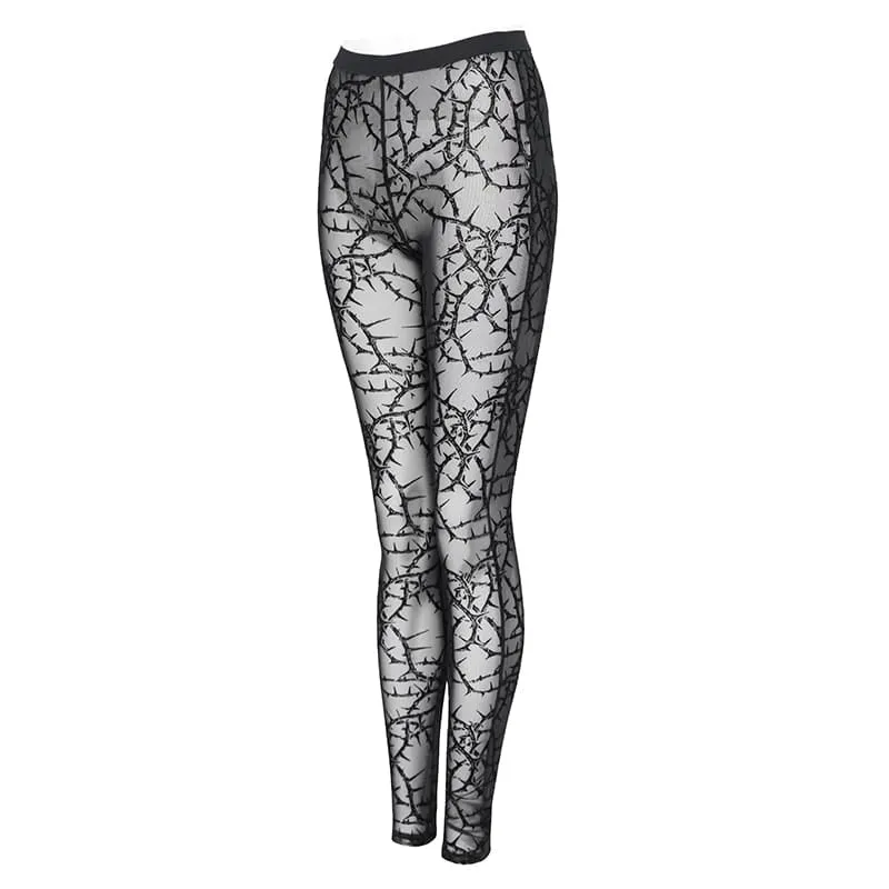 Gothic-Leggings für Damen mit dornigem Rankenmuster, beflockt und aus transparentem Mesh