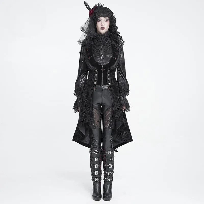 Gothic-Frack für Damen mit Schnürrevers und Jacquardmuster, ärmellos
