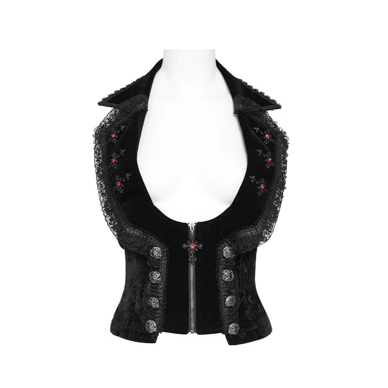 Gothic-Frack für Damen mit Schnürrevers und Jacquardmuster, ärmellos
