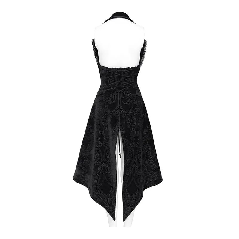 Gothic-Frack für Damen mit Schnürrevers und Jacquardmuster, ärmellos