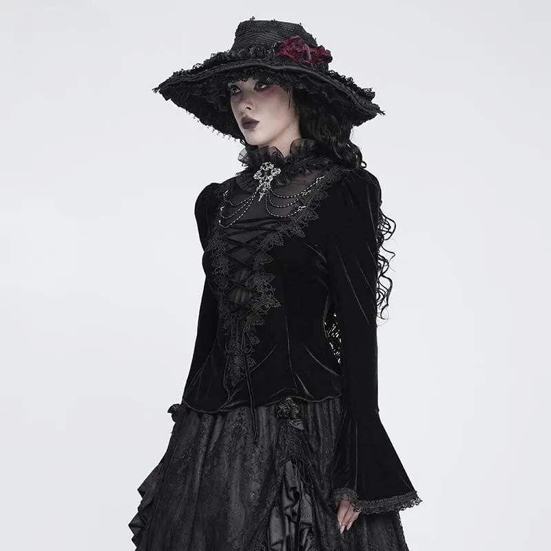 Schwarzes Gothic-Samttop für Damen mit Schnürung, Kettenverzierung und ausgestellten Ärmeln