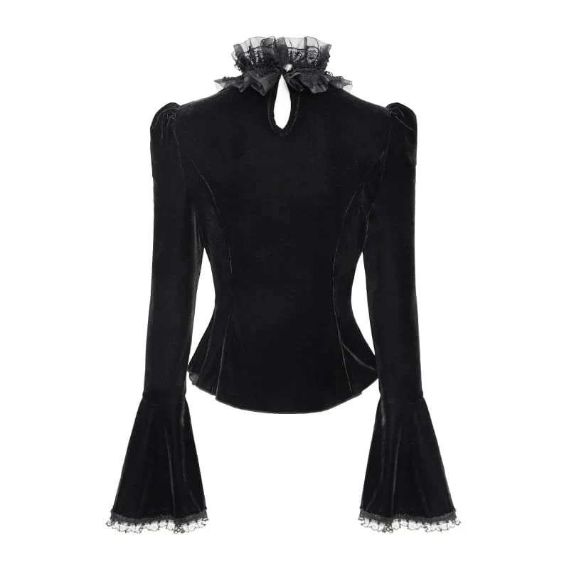 Schwarzes Gothic-Samttop für Damen mit Schnürung, Kettenverzierung und ausgestellten Ärmeln