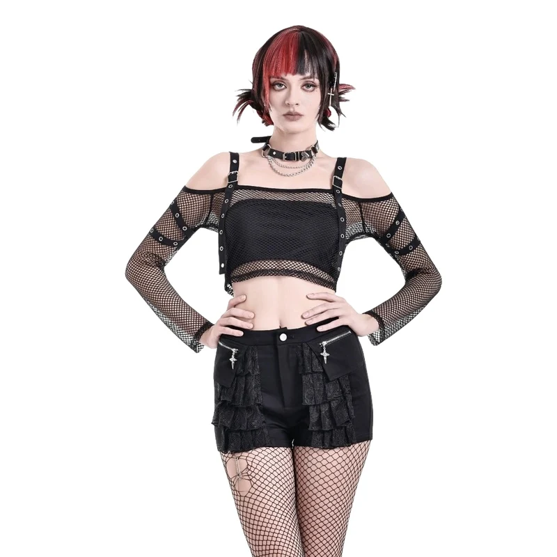 Punk-Langarmtop für Damen mit Ösenverschluss und Mesh-Einsätzen