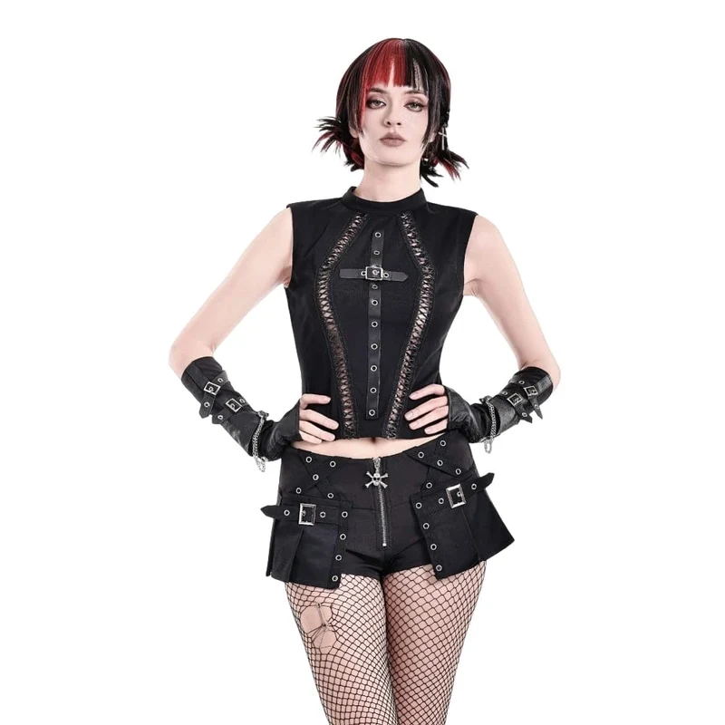 Punk-Mini-Plissees für Damen mit Ösen, Schnallenriemen, Reißverschluss und Falten