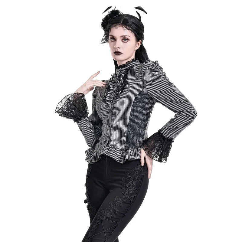 Gothic-Bluse für Damen mit Rüschen, Spitzen-Patchwork und Nadelstreifen, langen Ärmeln