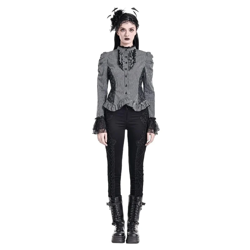 Gothic-Bluse für Damen mit Rüschen, Spitzen-Patchwork und Nadelstreifen, langen Ärmeln